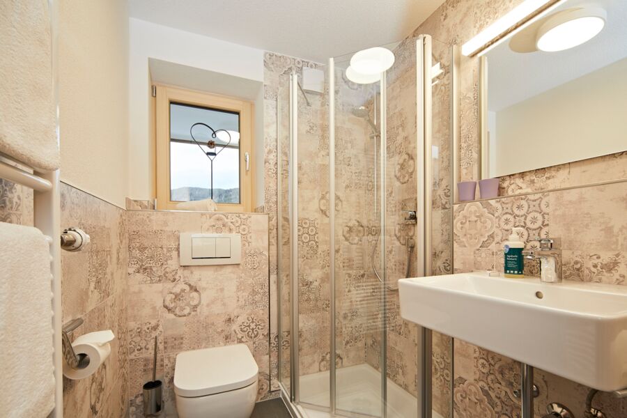 Badezimmer mit Dusche in der Suite Oswalda Hus.